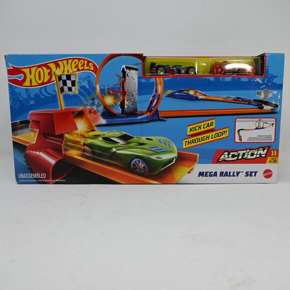 Hot Wheels Other - Hot Wheels Mega Rally Set 2019 Track Loop Launcher w/ 2 Cars New Box Damage
